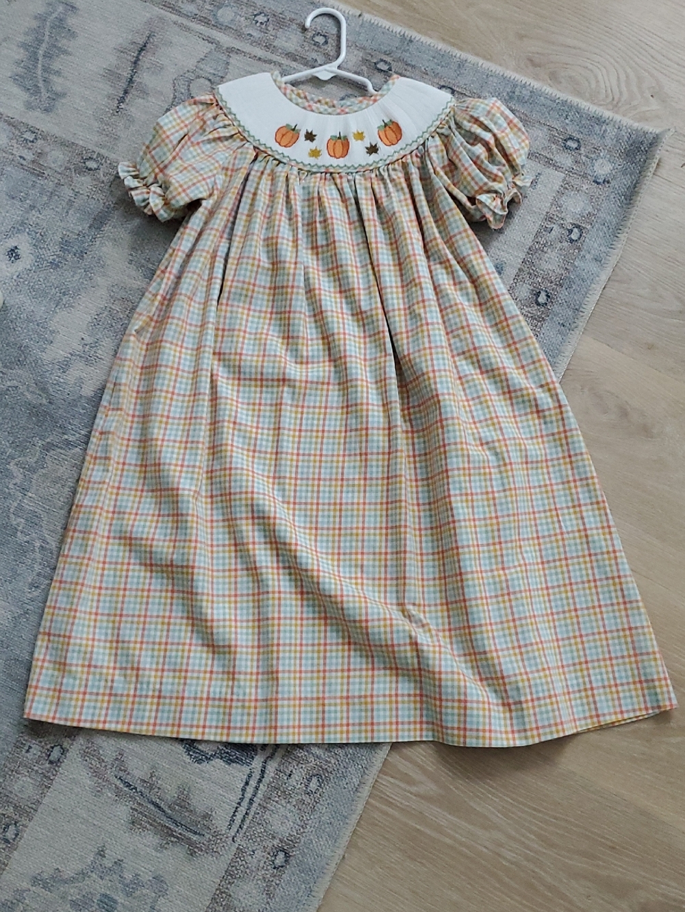 Banana Split Girls Smocked Embroidered Fall Pumpkins Leaves Bishop Dress Sz6
